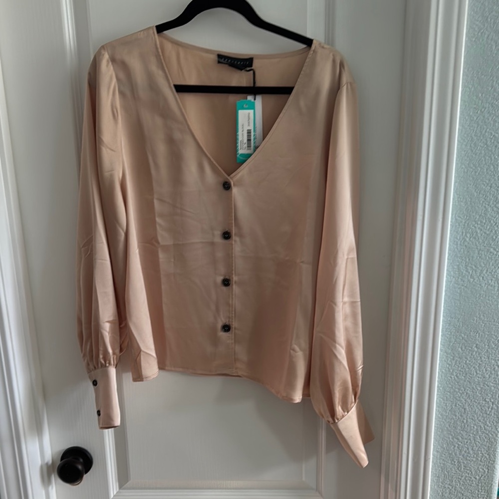 V-Neck Button-Up Blouse - Beige